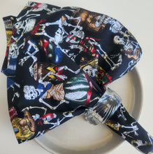 Load image into Gallery viewer, Scarf with skeleton and guitar pattern on a white surface