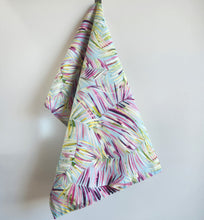 Load image into Gallery viewer, Colourful fabric with abstract palm leaf pattern in green, blues, pinks on a white background