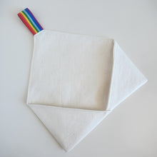 Load image into Gallery viewer, White linen fabric cutlery wrap pouch with a rainbow elastic loop on a white background