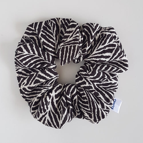 Gorgeous print  - dark chocolate brown coloured linen scrunchie with leaves print in cream. Cotton/linen hair scrunchie.