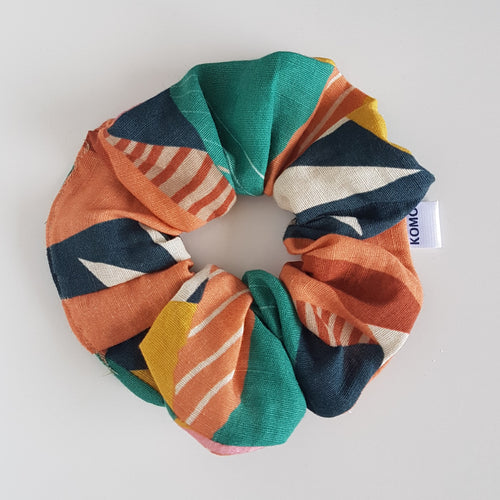 Gorgeous abstract print with pastel pink, green and mustard yellow cotton/linen scrunchie. 
