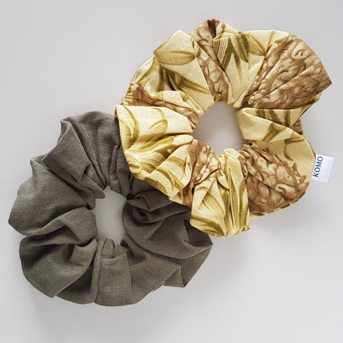 Linen Hair Scrunchie | Bright Summer Colours | Summer Pineapples and Khaki Green. A gorgeous selection of two linen scrunchies - one gold yellow and green pineapple print, and the other in khaki green colour. 