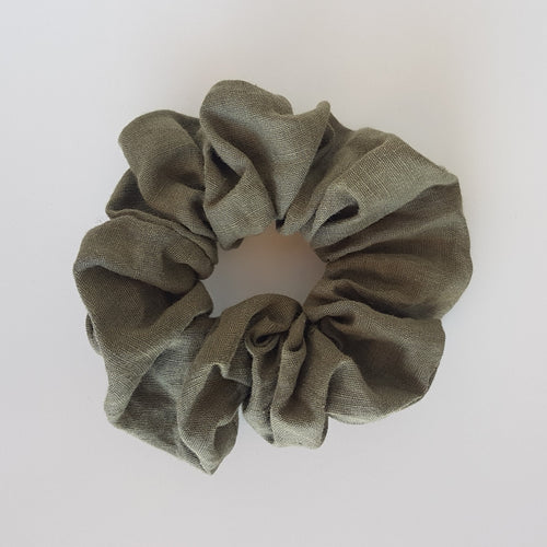 Gorgeous khaki coloured cotton/linen scrunchie.  The perfect messy bun scrunchie. This hair scrunchie is super soft and comfortable to wear. Small batch limited edition print.