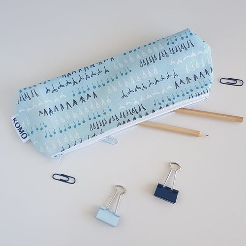 Pale blue pencil case with simple scandi inspired print design of blue and white flowers. Fully lined with zipper. 100% cotton and easy to spot clean.