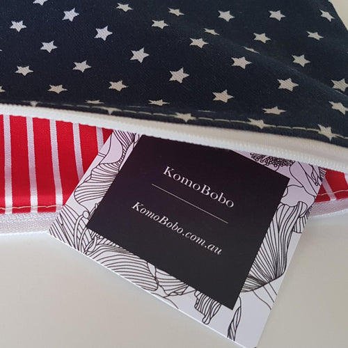 Navy blue cotton canvas with white stars, lined with 100% cotton red and white stripes.